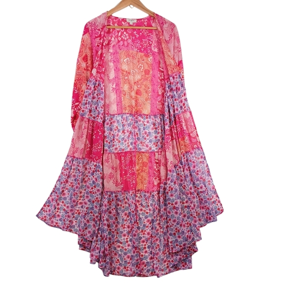 UMGEE Patchwork Kimono Boho Long Open Front Sheer Duster Bold Pink Orange Size M - Picture 3 of 9